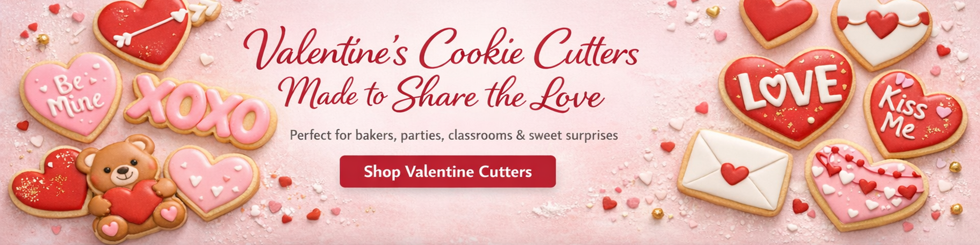 Valentine’s Day sugar cookies decorated with royal icing hearts and love designs made using EZ Cookie Cuts Valentine cookie cutters.