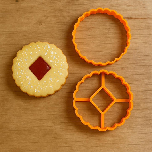 Linzer Diamond Cookie Cutter Set - Round Scalloped with Diamond shaped - Diamond Delight!