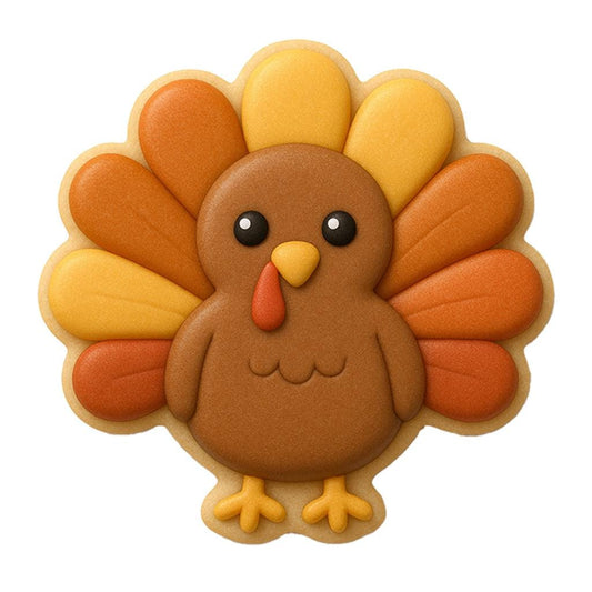 Turkey-shaped cookie cutter ideal for Thanksgiving and Fall bakingg. Featuring a round body with a fan of tail feathers. Perfect for decorating with vibrant royal icingg. Makes clean cuts in dough with sharp blade and comfortable handle. Great for seasonal cookie decorating