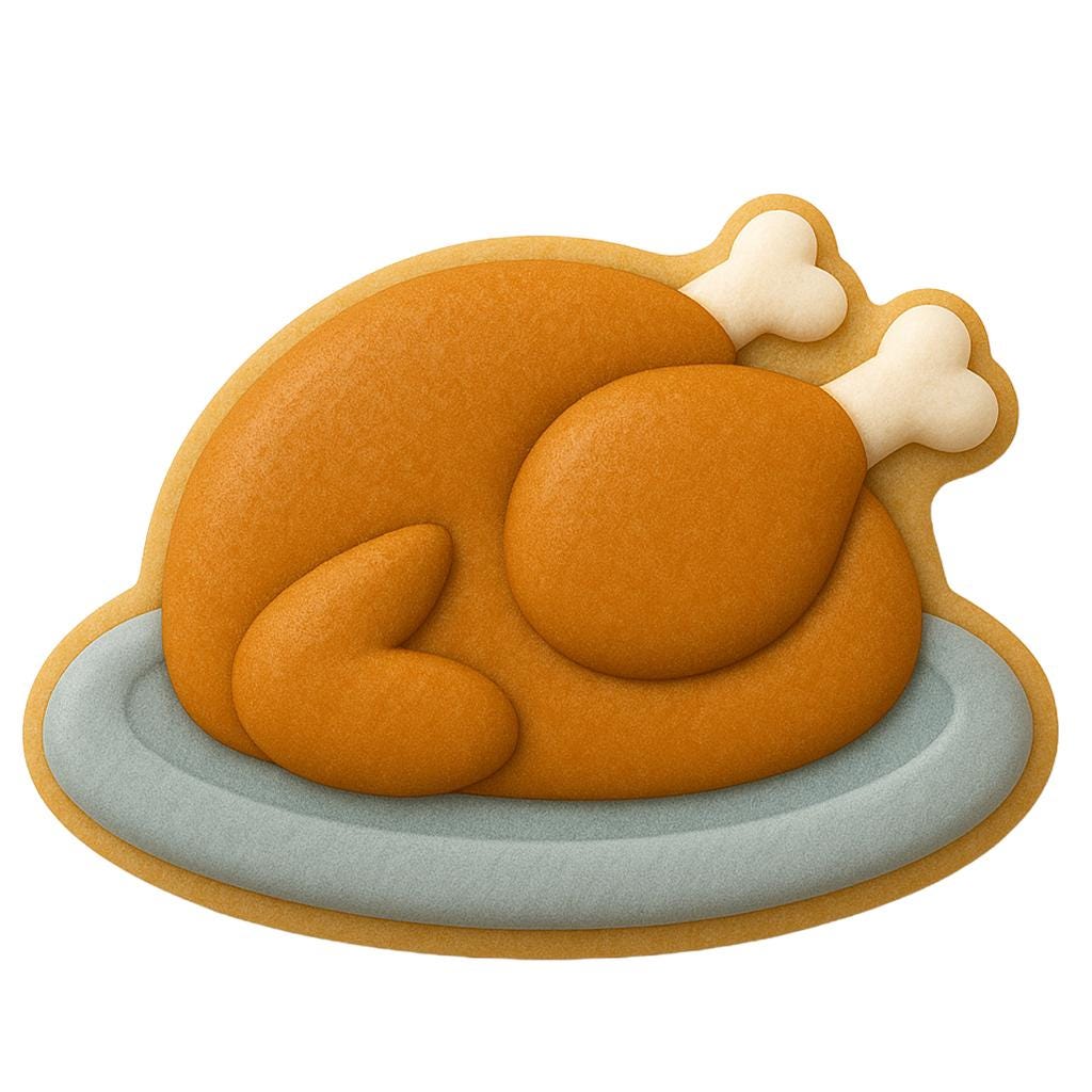 Cooked turkey-shaped cookie cutter designed for Thanksgivingg and holiday baking. Features a traditional roasted turkey outlined on a platter, ideal for creating festive, food themed sugar cookies. Grate for thanksgiving dessert trays and all fall gatherings.