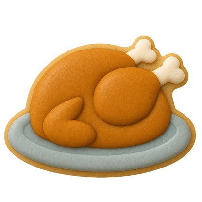 Cooked turkey-shaped cookie cutter designed for Thanksgivingg and holiday baking. Features a traditional roasted turkey outlined on a platter, ideal for creating festive, food themed sugar cookies. Grate for thanksgiving dessert trays and all fall gatherings.