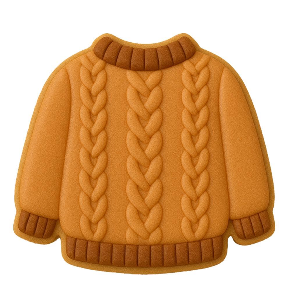 Sweater-shaped cookie cutter with a cozy silhouette, perfect for fall, winter, and &quot;Sweater Weather&quot; themed cookie. Provides a clean outer shape for decorating cable-knit or holiday swater styles, Designed with a contoured handle and durable sharp blades for easy dough cutting.