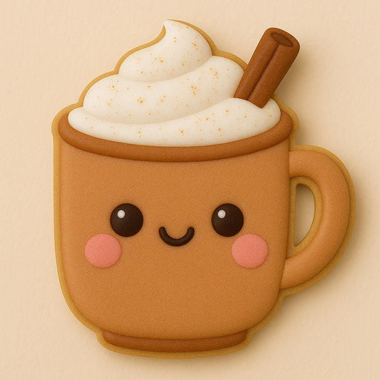 Coffee mug-shaped cookie cutter featuring a classic latte cup with whipped cream topping and cinnoamon stick. Perfect for all baking, pumpkin spice themes, or cozy cafe-style cookies. Ideal for autumn cookie platters, barista gifts, or PSL lovers parties.