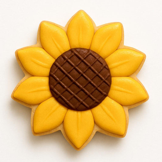 Sunflower-shaped cookie cutter featuring a round center withh petal outlines. Ideal for fall, garden, and flower-themed cookies. Designed withh a comfortable contoured handle.