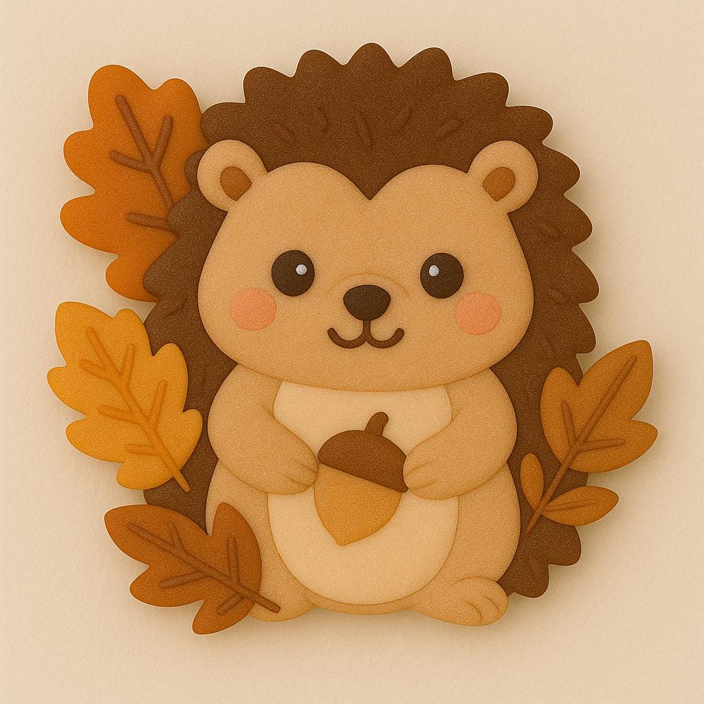Hedehog cookie cutter shaped like a cute woodland critter holding an acorn, surrounded by fall leaves. Perfect for autumn, Thanksgiving, or forest-themed bakes.