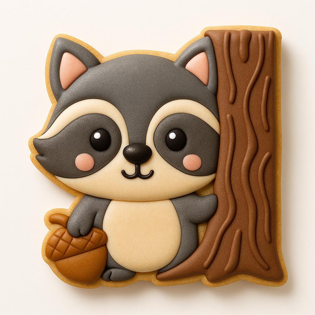 A raccoon-shaped cookie decorated with royal icing. The cookie features a gray head with black eyes, a black nose, and pink cheeks. It holds a brown acorn and stands next to a brown tree trunk.