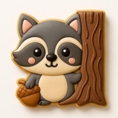 A raccoon-shaped cookie decorated with royal icing. The cookie features a gray head with black eyes, a black nose, and pink cheeks. It holds a brown acorn and stands next to a brown tree trunk.