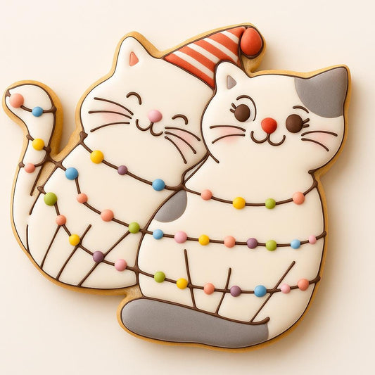 Two adorable Christmas cat cookies decorated with pastel string lights. One cat wears a red and white Santa hat, and both have smiling faces with pink cheeks, white icing fur, and soft grey accents. The design is sweet, festive, and perfect for the holiday season.