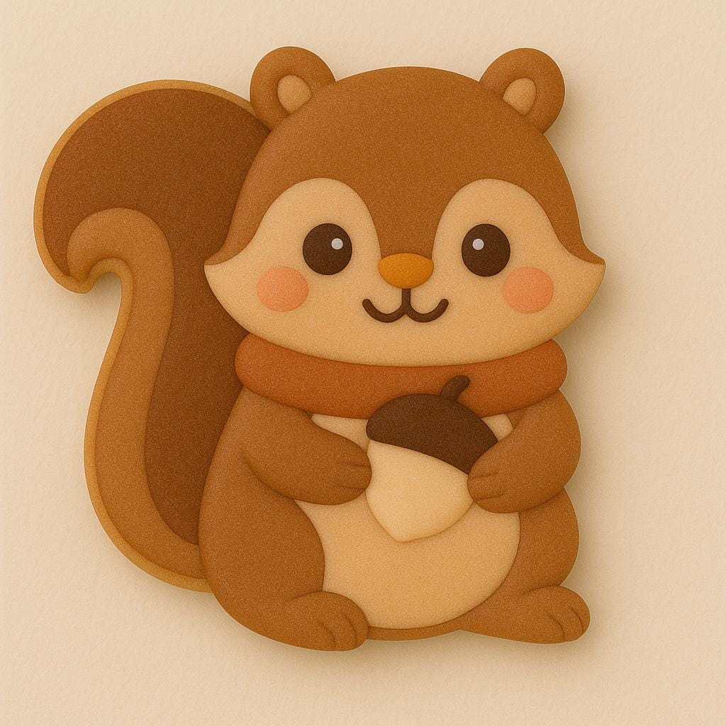 Fall squirrel cookie cutter in the shape of a cute squirrel holding an acorn, wearing a scarf with a big bushy tail. Ideal for autumn, woodland, or Thanksgiving cookies. Features a comfortable handle and sharp blade for precise dough cutting.