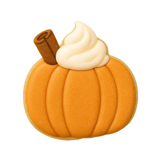 Pumpkin cookie cutter with whipped cream and cinnamon stick details, perfect for all and Thanksgiving baking.  Ideal for decorating pumpkin spice-themed cookies.
 Features a comfortable handle and sharp blade for precise dough cutting.