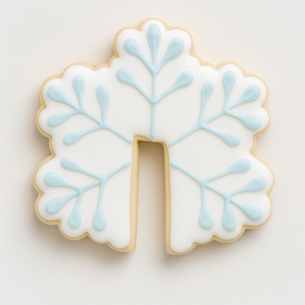 A white snowflake-shaped mug hugger cookie with light blue icing details and a small cutout at the bottom to fit over a mug rim. The design is simple, elegant, and festive, adding a cozy winter touch to any hot drink.
