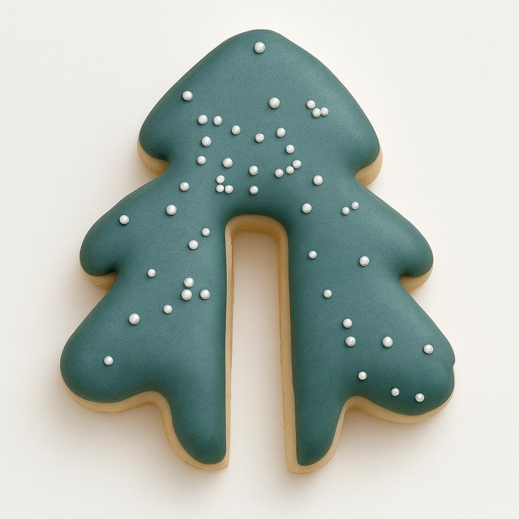 A Christmas tree–shaped mug hugger cookie covered in deep green icing and topped with small white sugar pearls resembling snow. The cookie has a small notch at the bottom to rest on a mug rim, creating a cozy, festive accent for hot drinks.