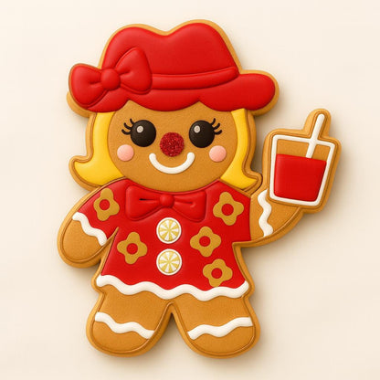 A gingerbread girl cookie decorated with a red hat and bow, blonde hair, and a red floral dress. She has pink cheeks, a glittery red nose, and is holding a red drink cup with a straw. The design feels bright, playful, and summery with a touch of classic gingerbread charm.