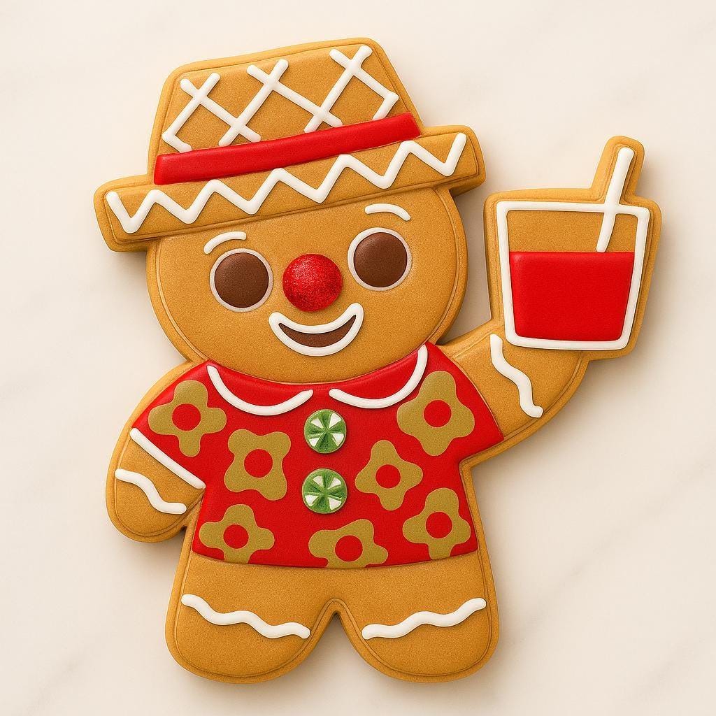 A gingerbread boy cookie decorated in a red floral shirt with gold flowers, straw hat, red nose, and drink cup. He has brown icing details, white accents, and a cheerful smile, blending a retro tropical vibe with classic gingerbread charm.