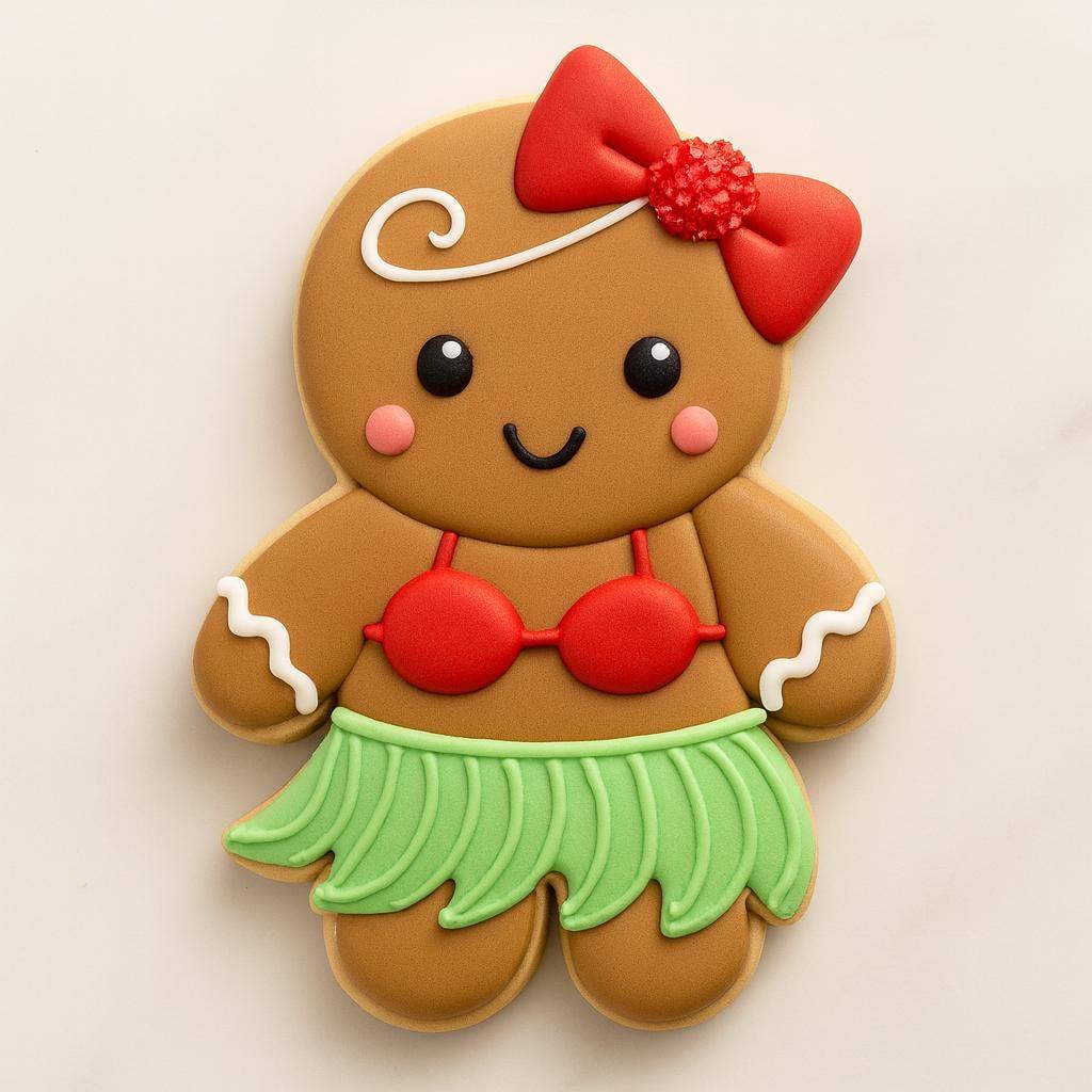 A gingerbread girl cookie decorated with a green grass skirt, red bikini top, and large red bow with a textured flower center. She has a sweet smiling face, pink cheeks, and white icing details, giving her a tropical holiday charm.