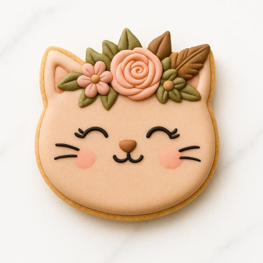 A cat-shaped cookie decorated with tan icing, closed smiling eyes, blushing cheeks, and a floral crown made of pink and peach flowers with green and brown leaves. The design is soft, whimsical, and perfectly sweet, displayed on a white marble background.