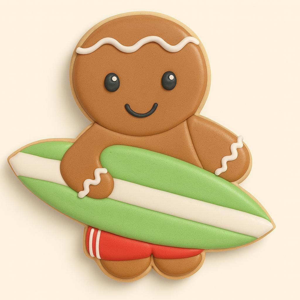 A gingerbread cookie decorated as a surfer, holding a green-and-white surfboard and wearing red shorts. The cookie features white icing accents and a smiling face, giving off fun, tropical Christmas energy.