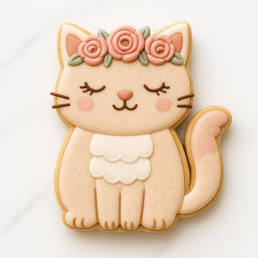 A cat-shaped cookie decorated with light tan icing, soft pink cheeks, closed eyes, and a floral crown of pink roses and green leaves. The cat sits upright with scalloped white chest details, giving it a calm, elegant, and adorable appearance on a white marble background.