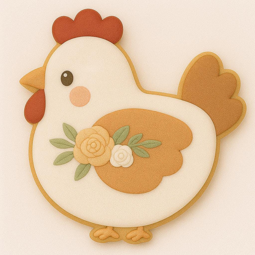 A chicken-shaped cookie decorated with white and brown icing, a red comb, orange beak, and floral details on its wing made of yellow, white, and green icing. The design is warm, rustic, and whimsical, evoking a cozy farmhouse style on a soft beige background.