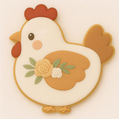 A chicken-shaped cookie decorated with white and brown icing, a red comb, orange beak, and floral details on its wing made of yellow, white, and green icing. The design is warm, rustic, and whimsical, evoking a cozy farmhouse style on a soft beige background.