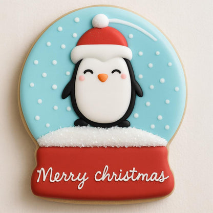 A snow globe–shaped cookie featuring a smiling penguin wearing a red Santa hat, standing on snowy icing with the words “Merry Christmas” written on the base. The background is light blue with white snowflakes, creating a cheerful and festive winter design.