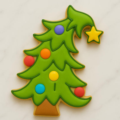 A whimsical Christmas tree–shaped cookie decorated with bright green icing, colorful round ornaments, and a yellow star tilted to one side. The design features playful, uneven branches that capture a fun and festive Dr. Seuss–style look.