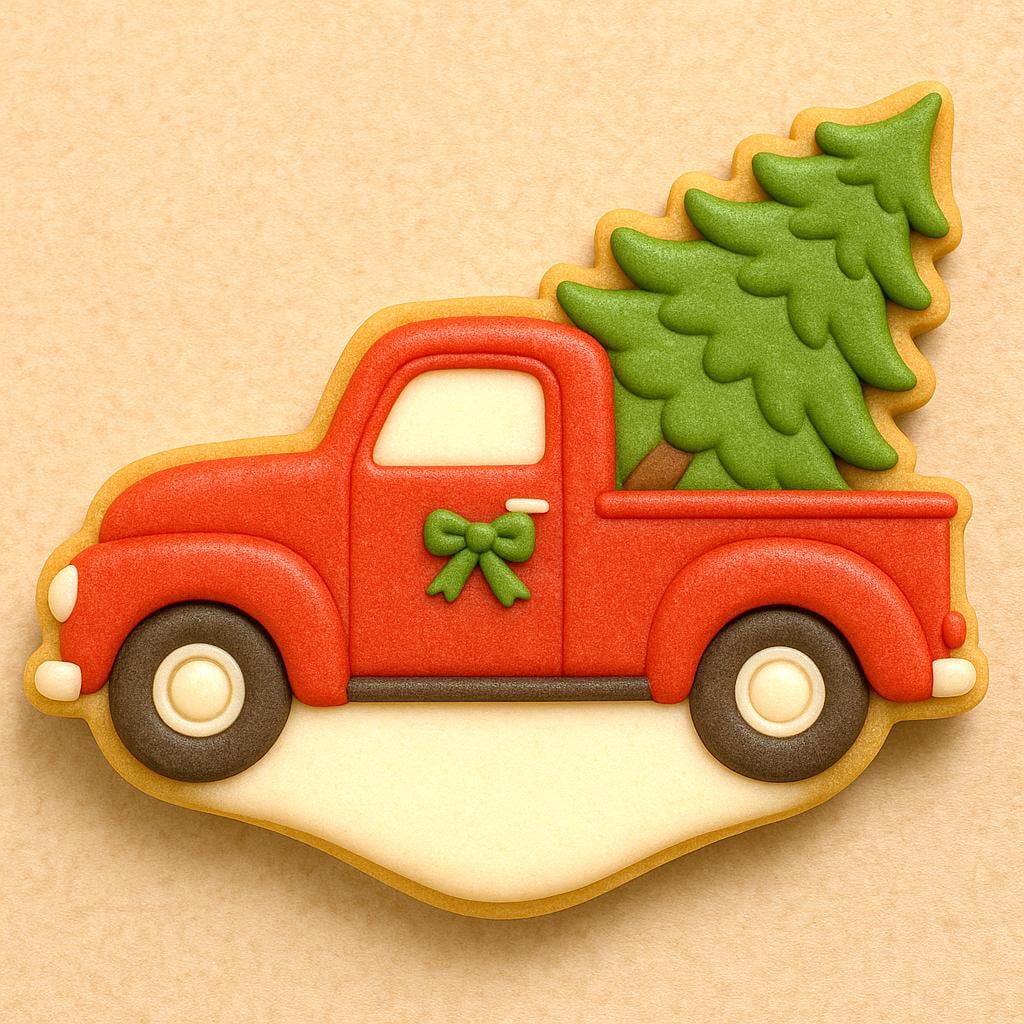 A cookie shaped like a red vintage pickup truck carrying a green Christmas tree in its bed, decorated with smooth royal icing and festive holiday details.