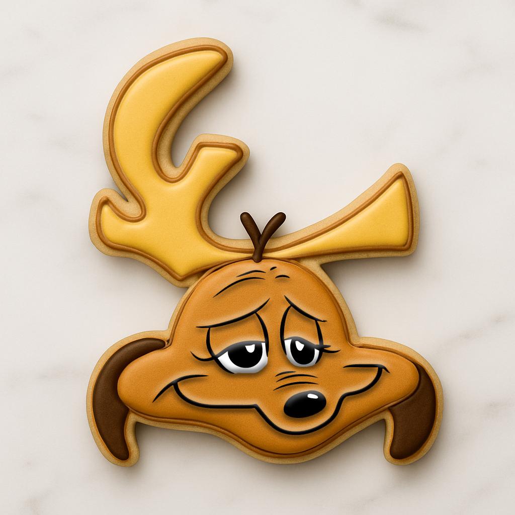 A cookie shaped like Max the dog from The Grinch, featuring brown icing, a sleepy smile, floppy ears, and a single yellow antler tied to his head — a whimsical, festive Christmas cookie design.