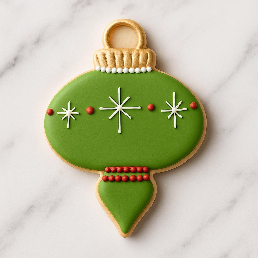 A retro-shaped green Christmas ornament cookie with white starburst details, red dots, and a golden top, resembling a mid-century vintage glass ornament on a light marble background.