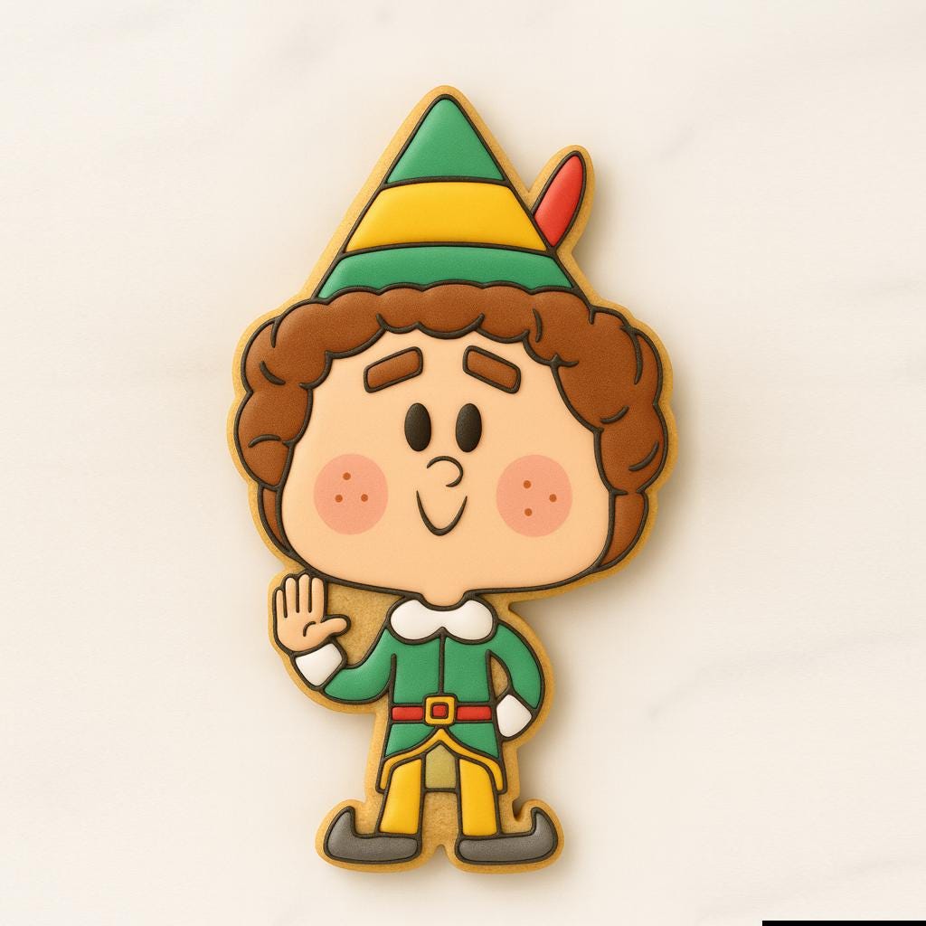 A cookie shaped like a smiling Christmas elf wearing a green outfit with yellow accents, a striped green-and-yellow hat with a red feather, rosy cheeks, and brown curly hair, standing with one hand raised in a friendly wave.