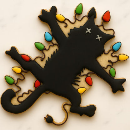 A set of decorated Christmas cookies inspired by the movie National Lampoon’s Christmas Vacation, including a car with a tree, moose mug, green trapper hat, Clark Griswold in a Santa suit tangled in lights, a roasted turkey, black cat with Christmas lights, “You Serious, Clark?” quote cookie, and an RV with a wreath.