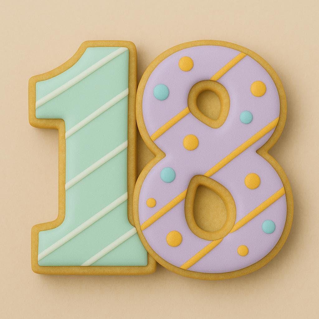 A sugar cookie shaped like the number 18, decorated with pastel mint green and lavender icing. The number one has diagonal white stripes, and the number eight features yellow diagonal lines and colorful dots.