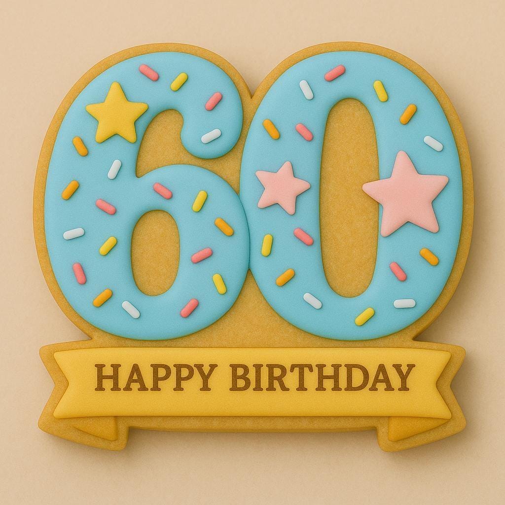 A sugar cookie shaped like the number 60, decorated with blue icing, rainbow sprinkles, a pink and a yellow star, and a yellow banner underneath reading “HAPPY BIRTHDAY.”