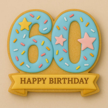 A sugar cookie shaped like the number 60, decorated with blue icing, rainbow sprinkles, a pink and a yellow star, and a yellow banner underneath reading “HAPPY BIRTHDAY.”