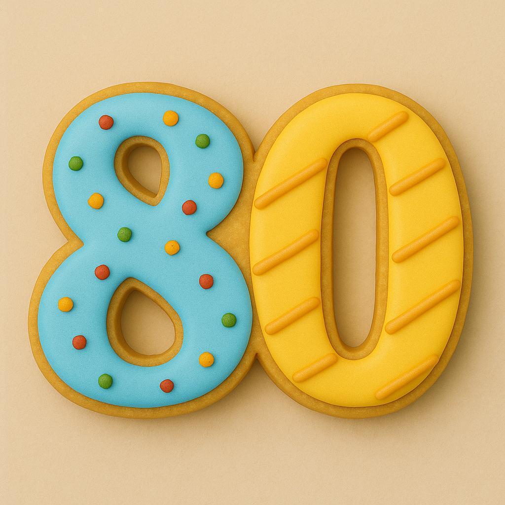 A sugar cookie shaped like the number 80, decorated with blue and yellow icing. The number 8 has colorful dot sprinkles, and the number 0 has diagonal yellow stripes, all on a beige background.