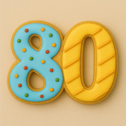 A sugar cookie shaped like the number 80, decorated with blue and yellow icing. The number 8 has colorful dot sprinkles, and the number 0 has diagonal yellow stripes, all on a beige background.