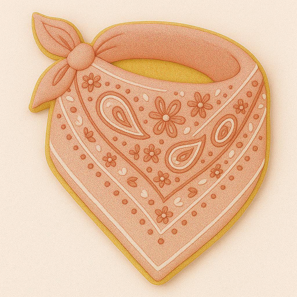 A sugar cookie shaped like a folded bandana, decorated in soft terracotta pink icing with intricate floral and paisley detailing, tied in a knot at the top corner.
