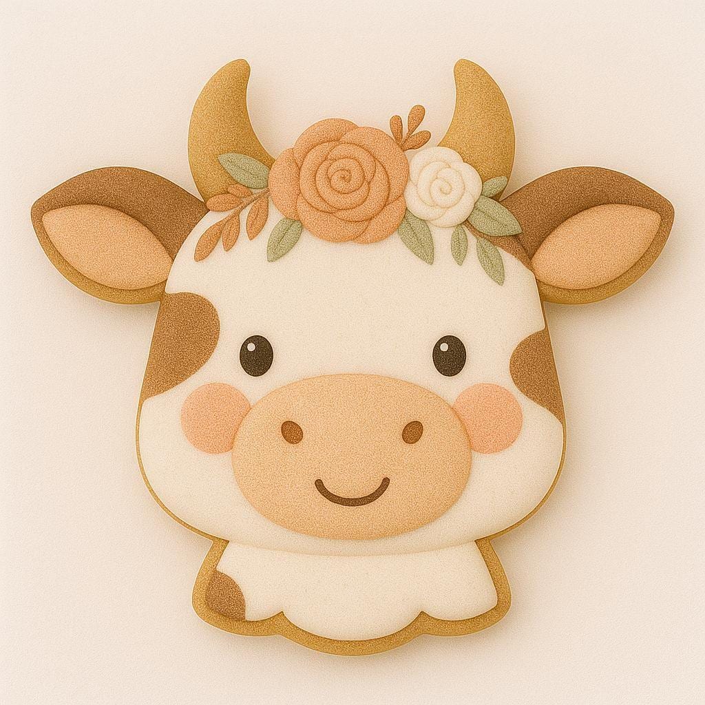 A sugar cookie shaped like a cute cow’s head, decorated in cream and light brown icing with a soft blush on the cheeks. The cow wears a floral crown of peach, white, and green pastel flowers and leaves.