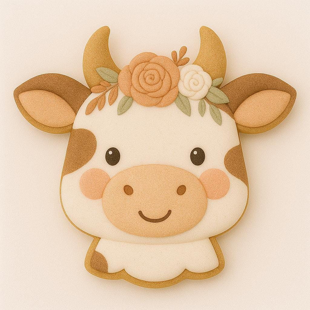 A sugar cookie shaped like a cute cow’s head, decorated in cream and light brown icing with a soft blush on the cheeks. The cow wears a floral crown of peach, white, and green pastel flowers and leaves.