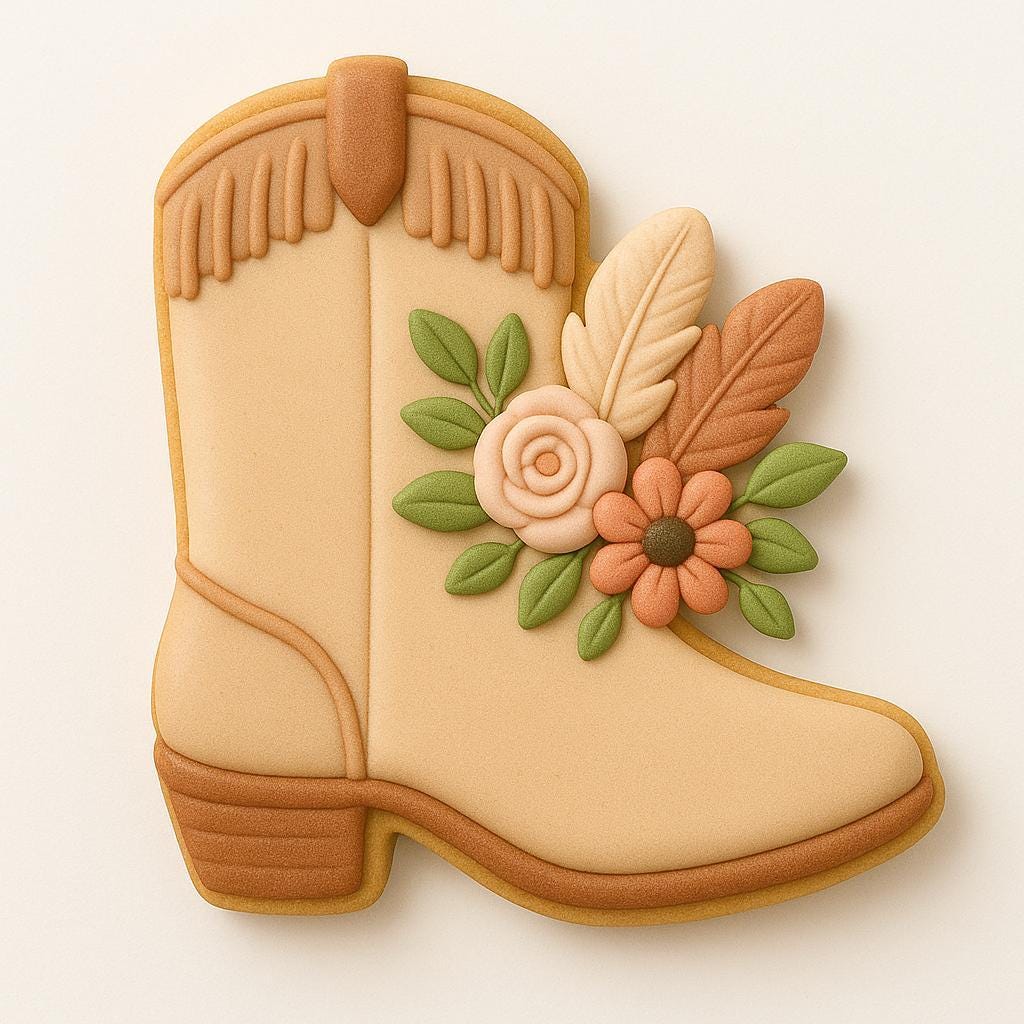 A sugar cookie shaped like a cowboy boot, decorated in soft tan icing with detailed stitching, fringed top, and pastel floral and feather accents in peach, cream, and sage green tones.