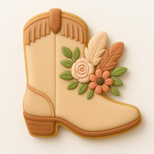 A sugar cookie shaped like a cowboy boot, decorated in soft tan icing with detailed stitching, fringed top, and pastel floral and feather accents in peach, cream, and sage green tones.
