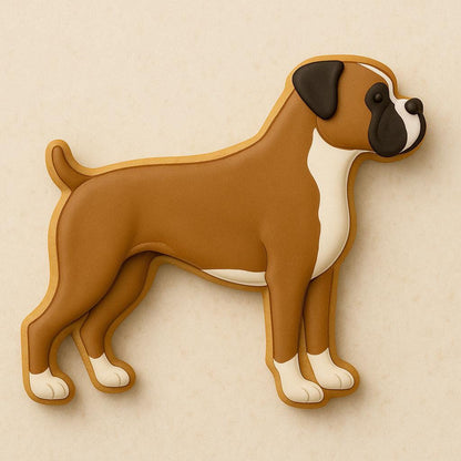 A sugar cookie shaped like a standing Boxer dog, decorated with brown icing, white paws and chest, and black detailing on the face and ears.