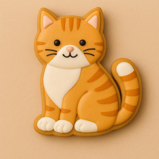 A sugar cookie shaped like a sitting orange tabby cat, decorated with tan and white icing, orange stripes, a curled tail, and a smiling face with pink nose and black whiskers.