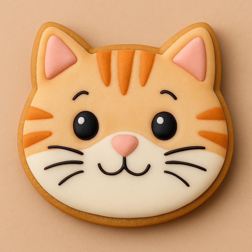 A sugar cookie shaped like a cat’s face, decorated with orange and cream icing, pink nose and ears, black eyes, and cute whisker details.