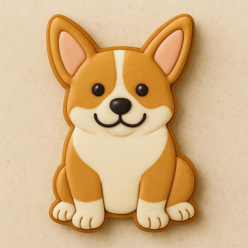 A sugar cookie shaped like a Corgi dog sitting upright, decorated with tan and white icing, black eyes, and a smiling face with a small black nose.