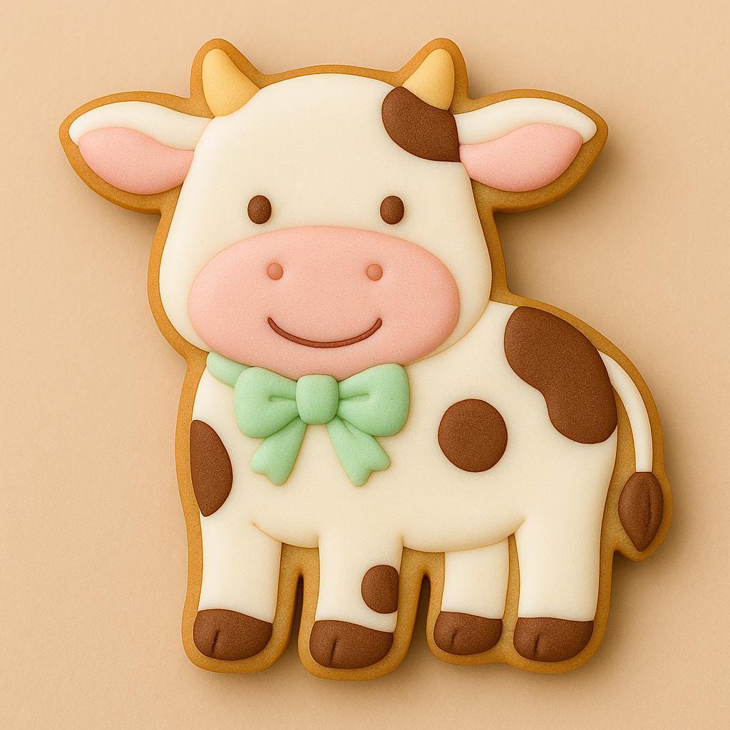 A sugar cookie shaped like a smiling cow with brown spots, pink snout, and a mint-green bow tie, decorated in creamy white, brown, and pink icing.