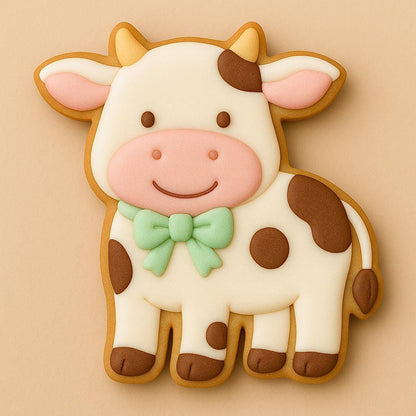 A sugar cookie shaped like a smiling cow with brown spots, pink snout, and a mint-green bow tie, decorated in creamy white, brown, and pink icing.