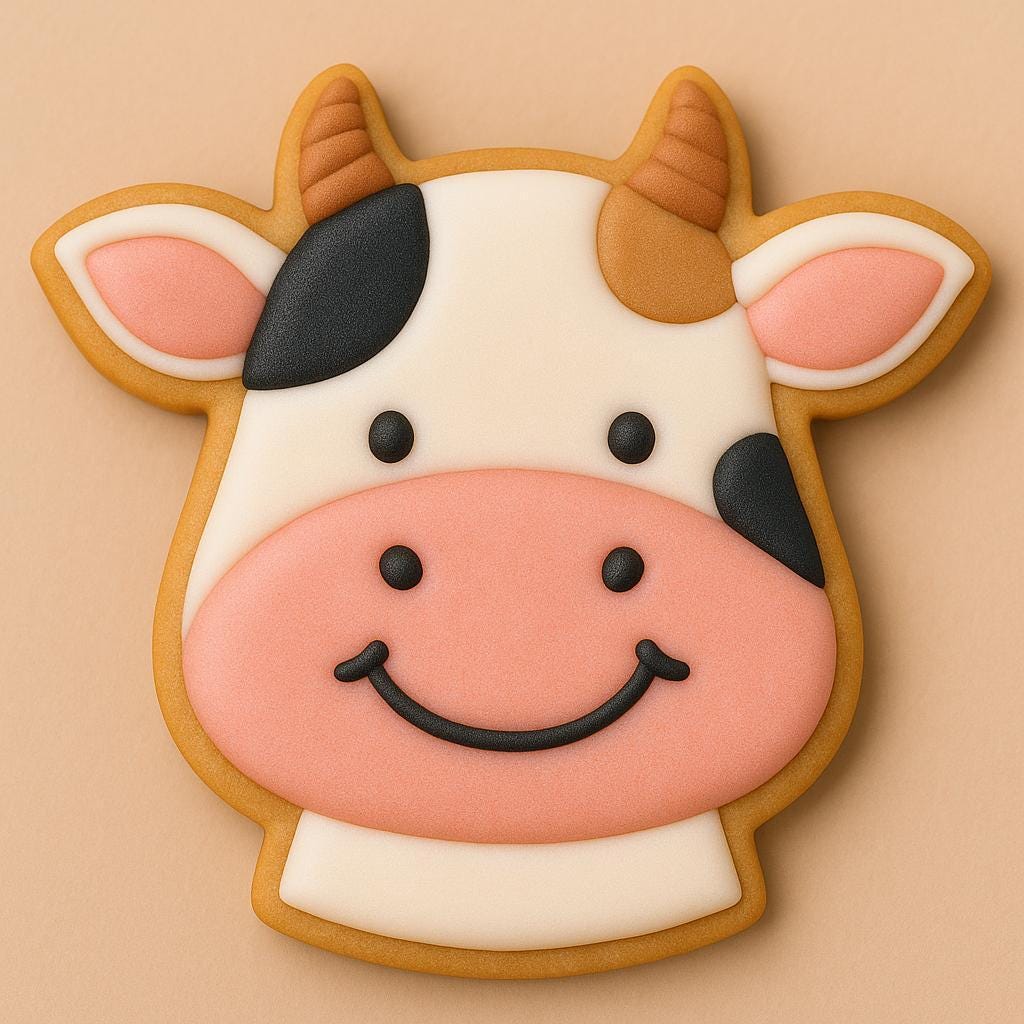 A sugar cookie shaped like a cow’s head, decorated with white and pink icing, black spots, tan horns, and a happy smiling face.