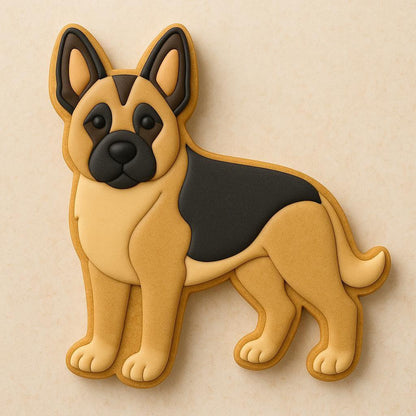 A sugar cookie shaped like a German Shepherd, decorated with tan and black icing, standing proudly on a beige background.