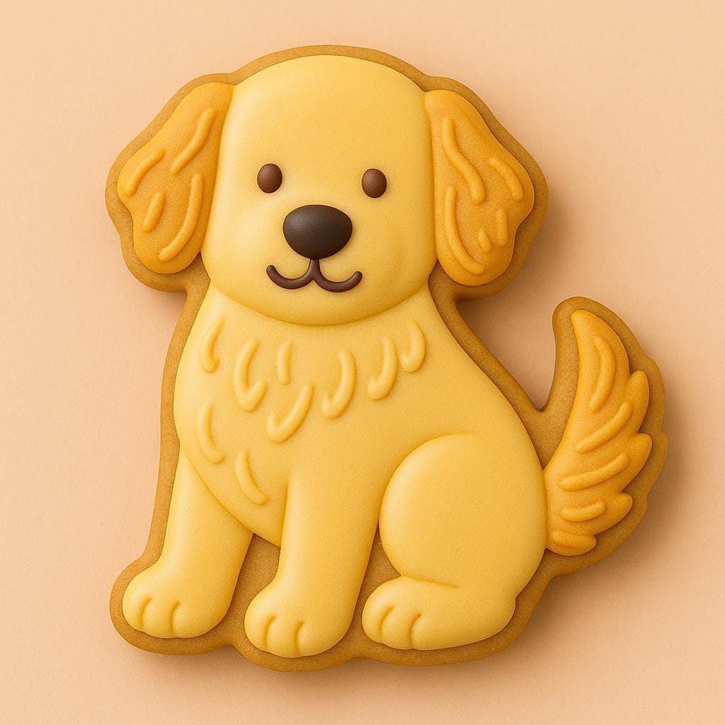 A sugar cookie shaped like a golden retriever, decorated with yellow icing, brown details, and a friendly smile on a soft beige background.